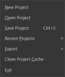 File menu: project and import actions